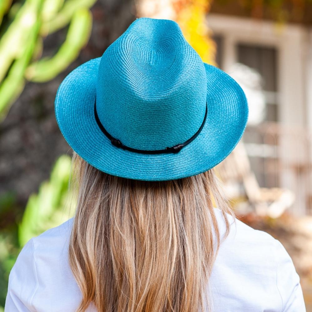 TRAVAUX EN COURS - chapeau papier double lien cuir turquoise