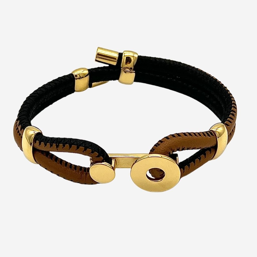 bracelet en cuir marron avec fermoir plaqué or alanne b