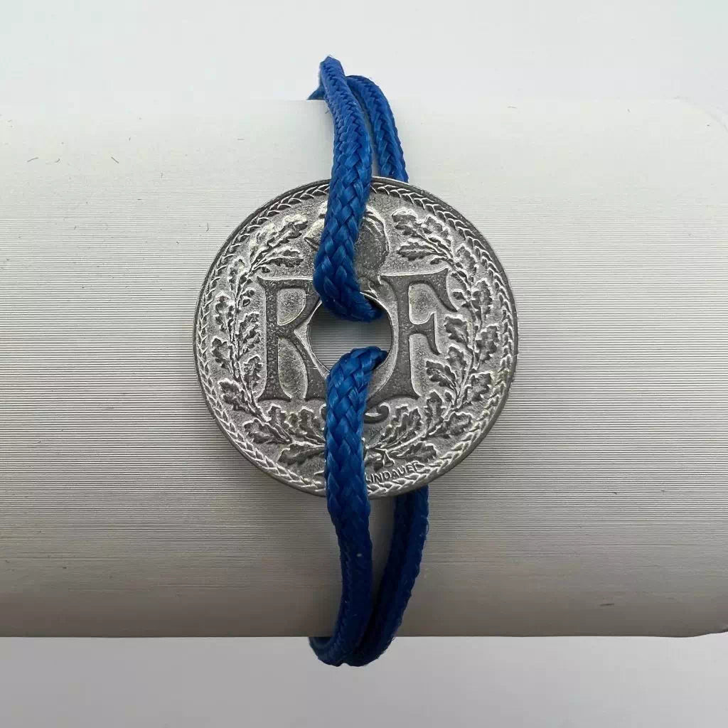 bracelet one piece monnaie trouée de 10 centimes de franc  cordon bleu majorelle le sou francais