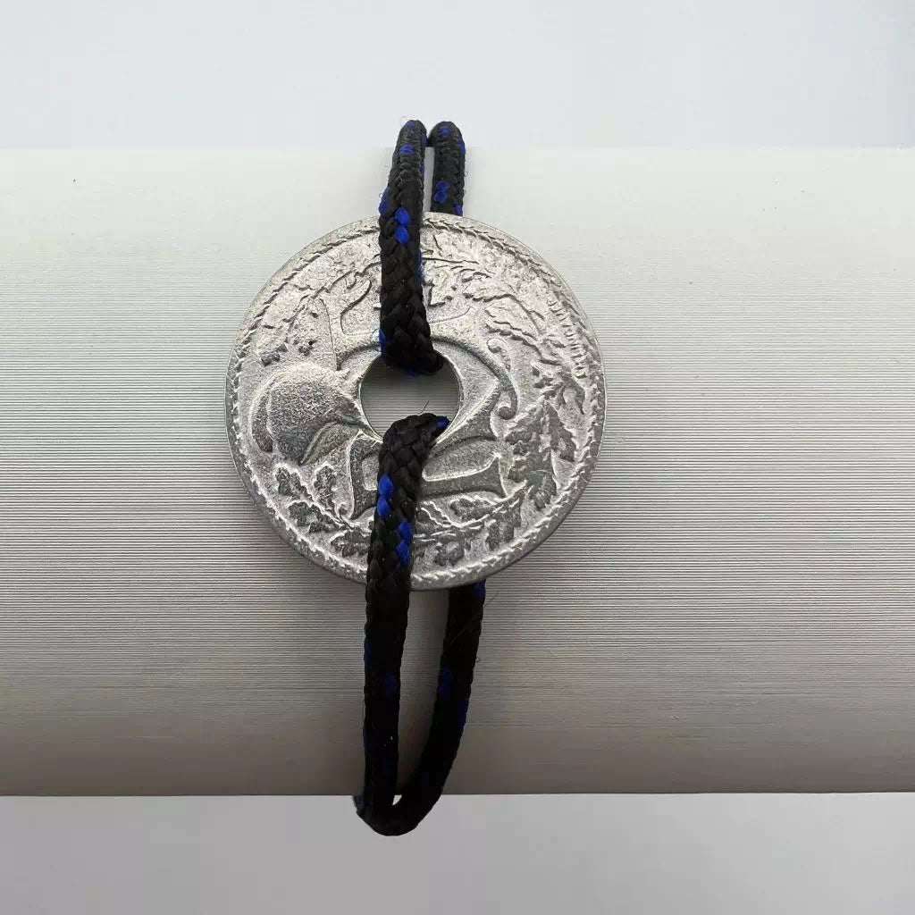 bracelet one piece monnaie trouée de 10 centimes de franc  cordon bleu nuit le sou francais