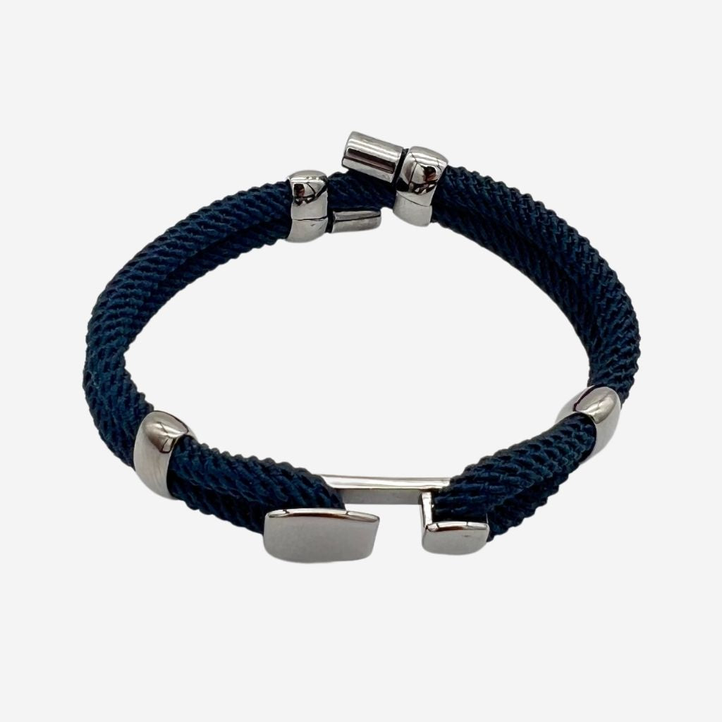 bracelet cordon torsadé bleu avec fermoir courbe en ruthenium alanne b