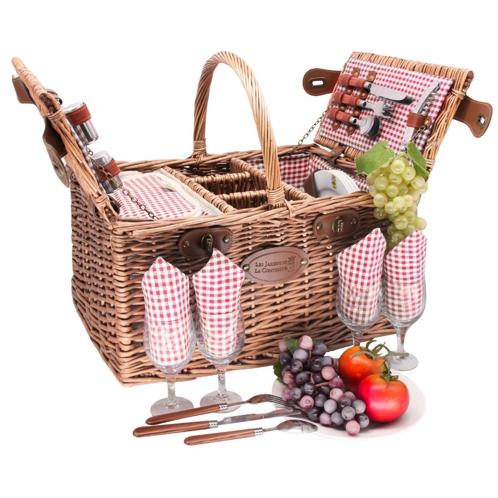 Panier Pique-Nique Saint-Germain 4 Personnes - Vaisselle Porcelaine Incluse - Osier Naturel - Tissu Vichy Rouge